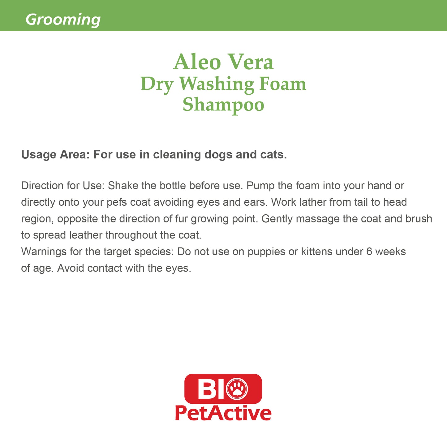 ALOE VERA DRY WASHING FOAM SHAMPOO FOR CAT